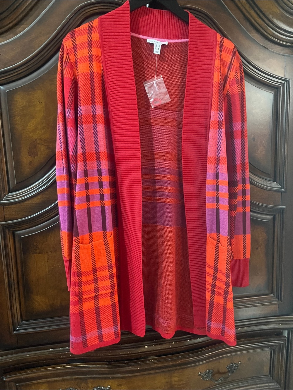 Isaac Mizrahi Red and Pink Plaid Open-Front Cardigan